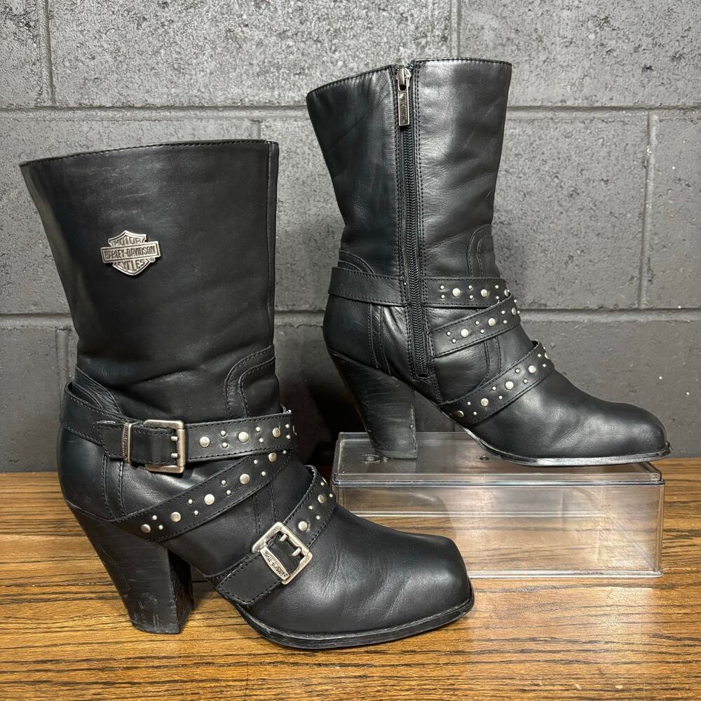 Harley Davidson Black Leather Studded Harness Boots Women’s 10 Chunky Heel